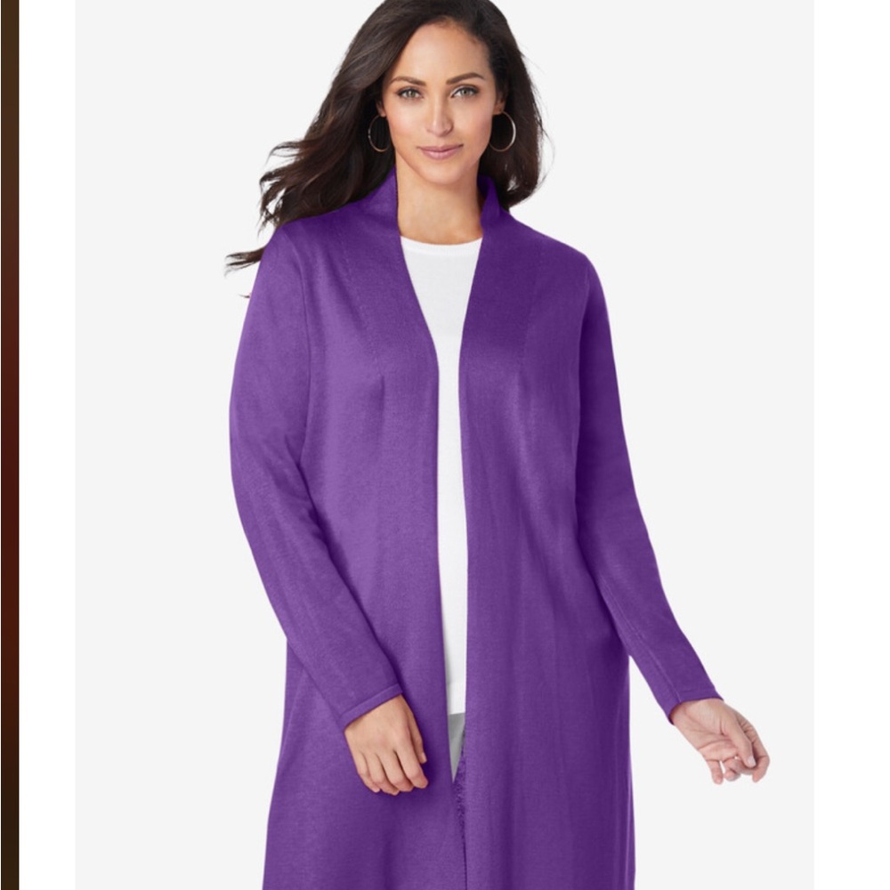 Long open front dark plum colored cardigan